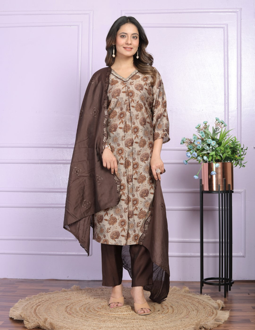 Silk Brown Straight V-Neck Suit Set