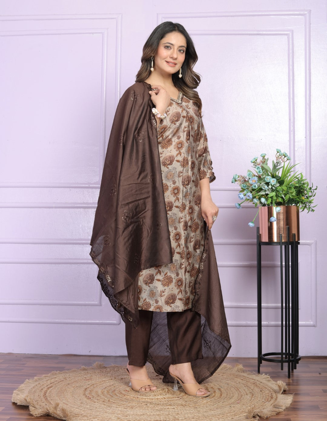 Silk Brown Straight V-Neck Suit Set