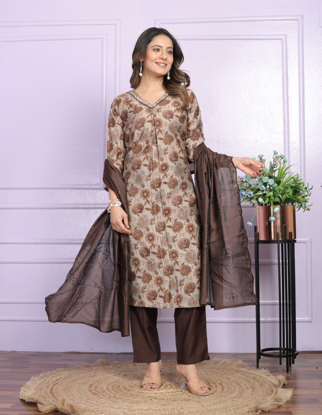 Silk Brown Straight V-Neck Suit Set