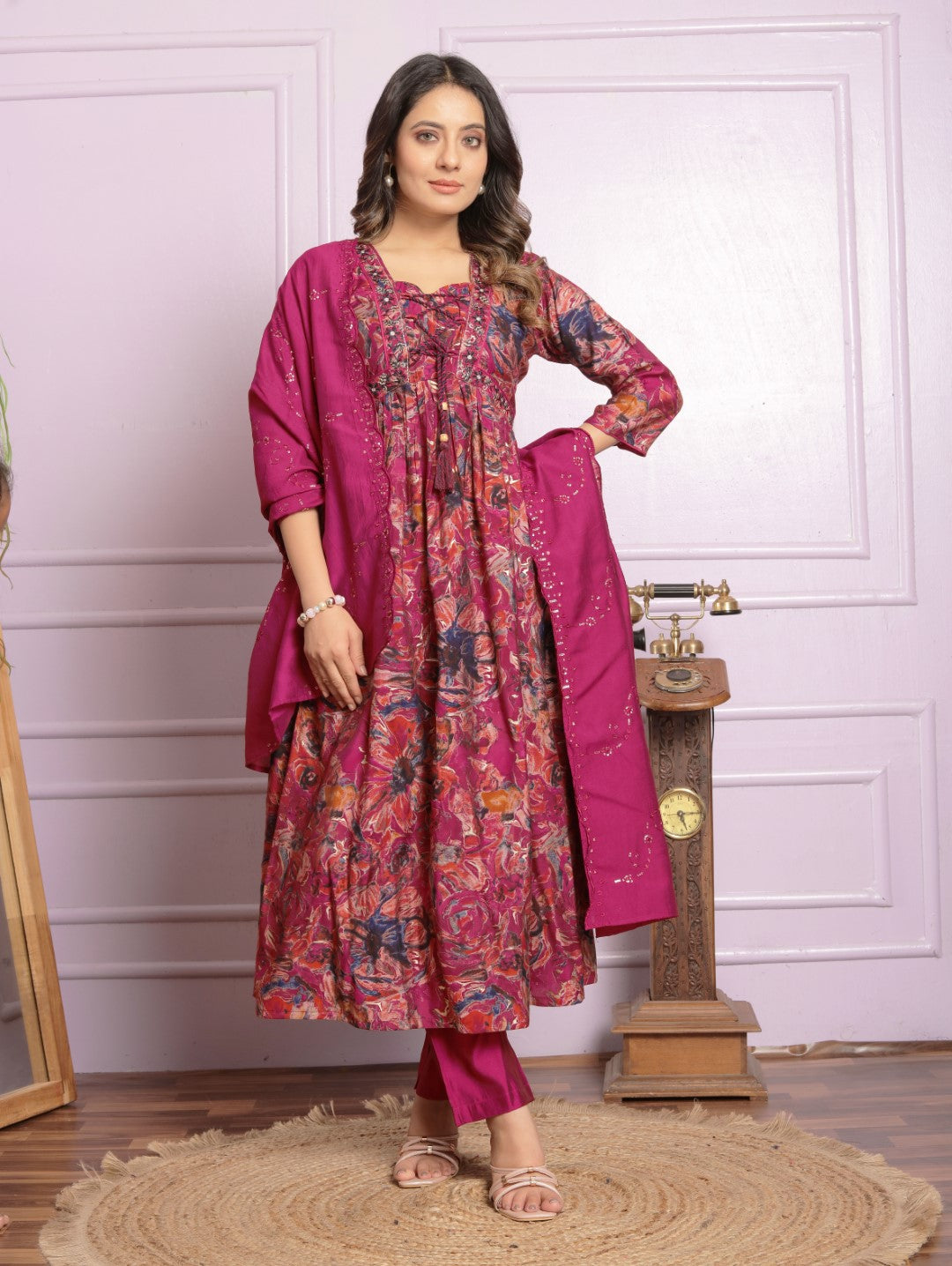 Embroidery Fancy Neck Rani Round kurti Set
