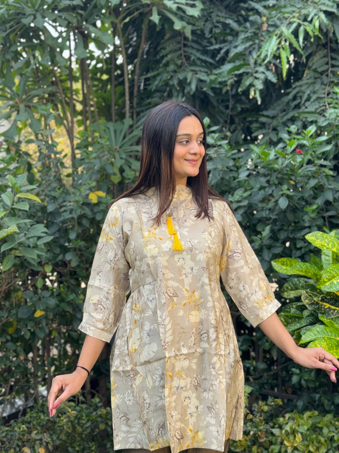 Brown Fancy Tunic V-neck Co-ord set