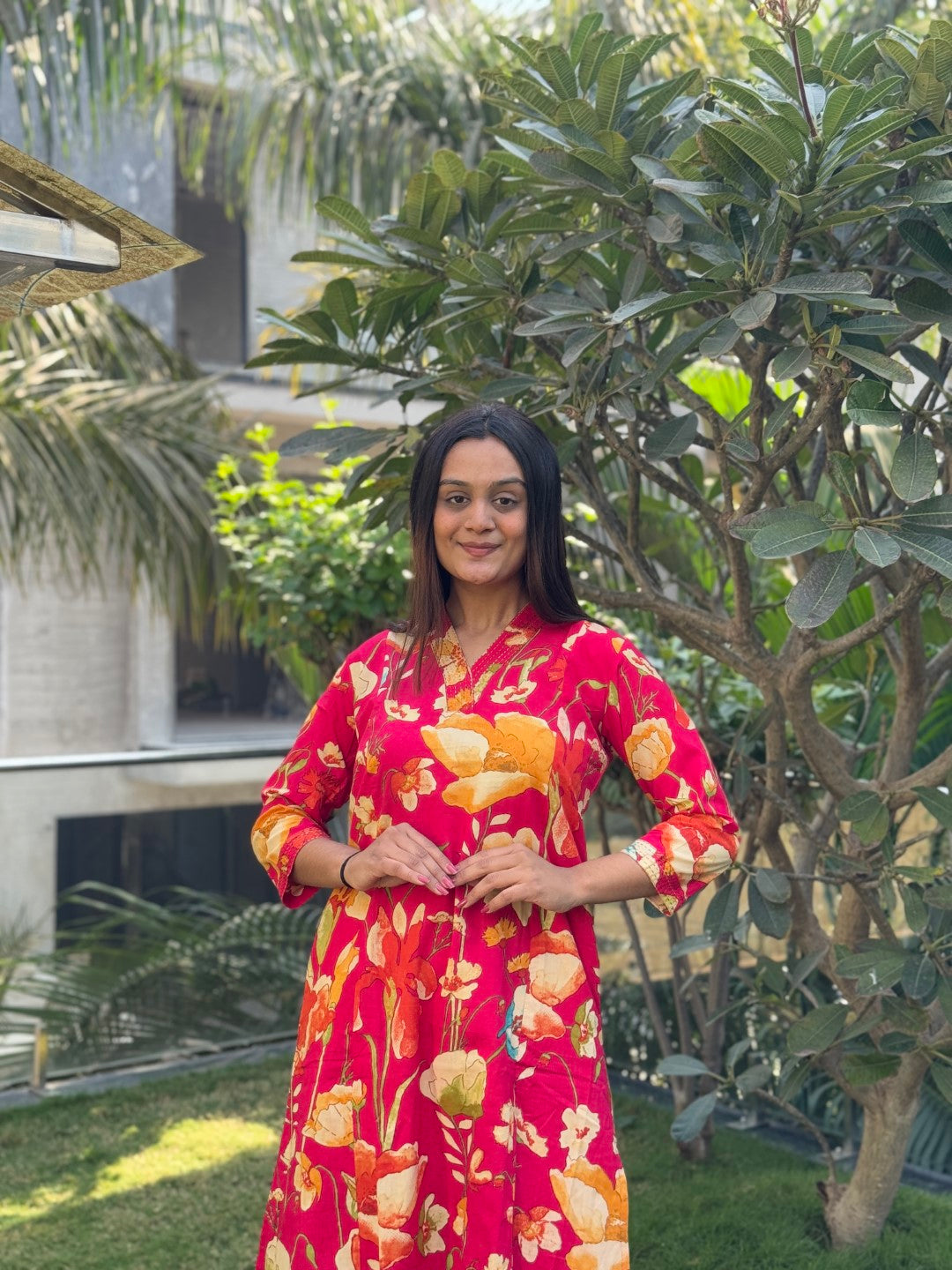 V-Neck Red Cotton Co-ord Set
