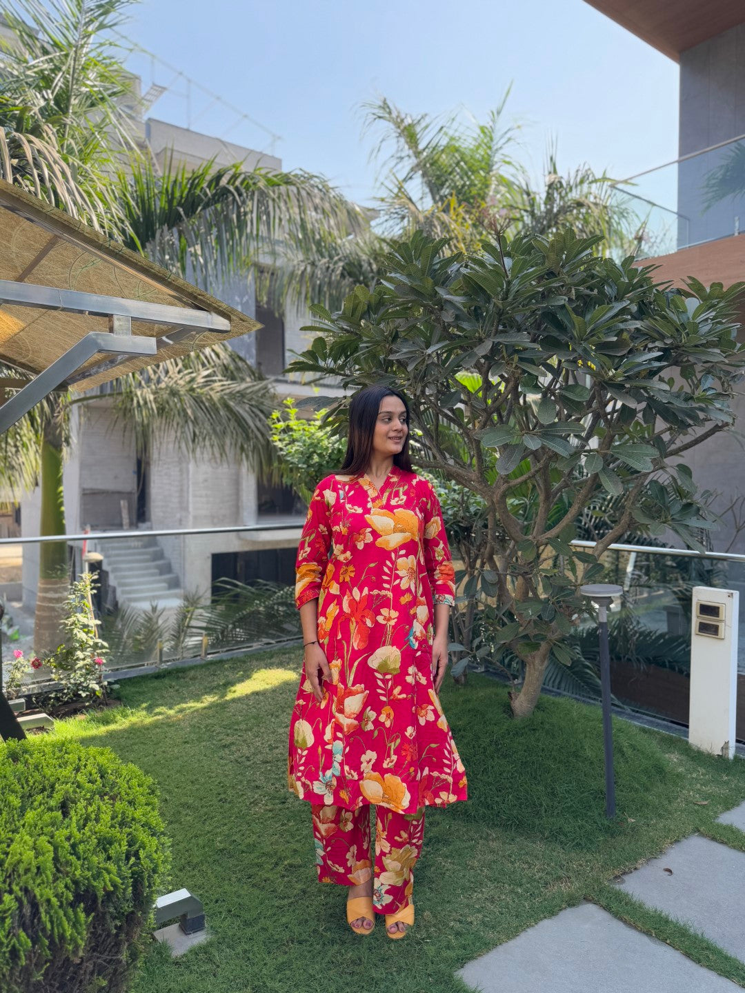 V-Neck Red Cotton Co-ord Set