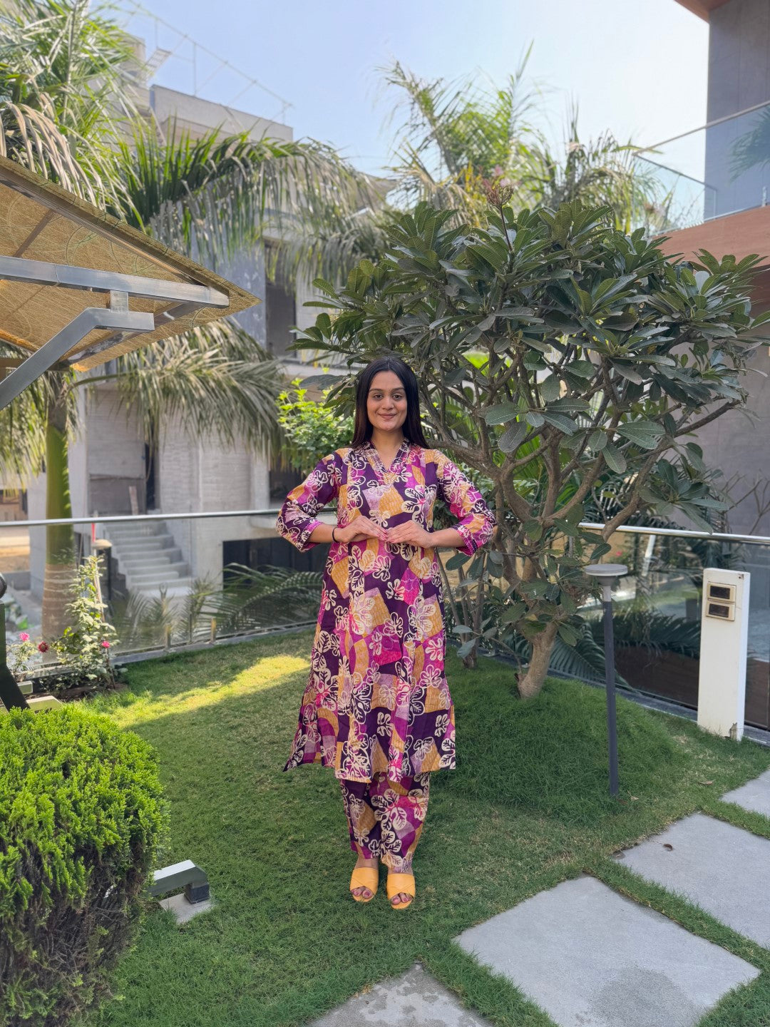 V-Neck Purple Cotton Co-ord Set With plazzo