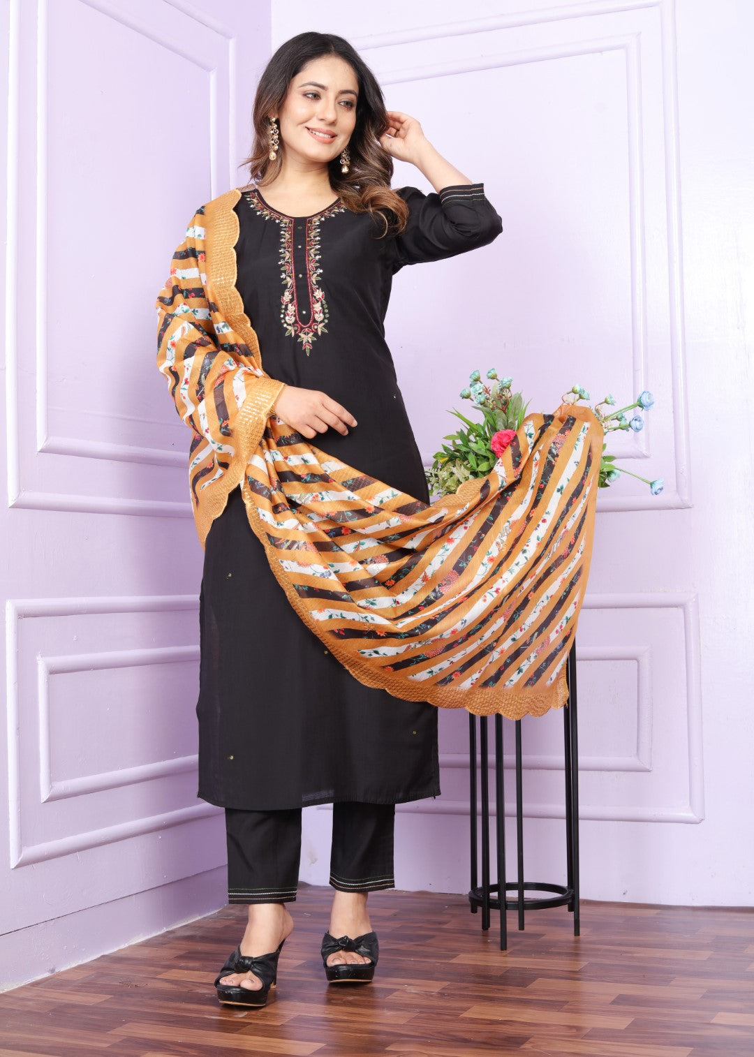 Roman Silk Black Straight Kurti With Pant