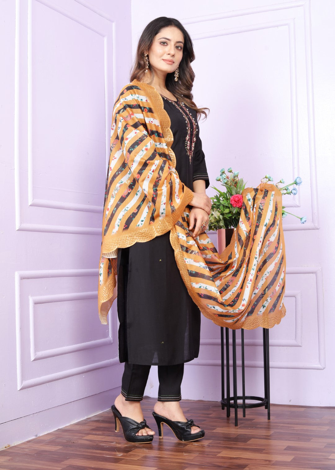 Roman Silk Black Straight Kurti With Pant