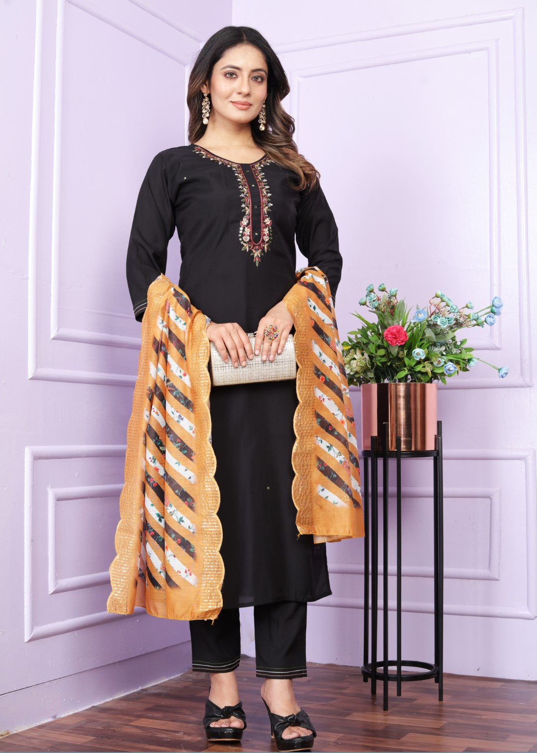 Roman Silk Black Straight Kurti With Pant