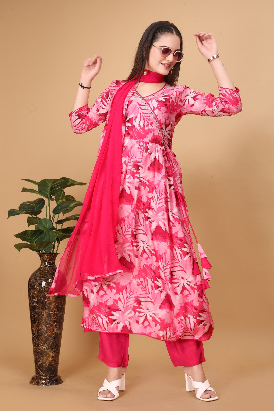 Muslin Digital Printed Angrkha Pair With Hand Work