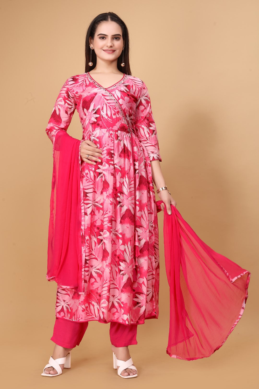 Muslin Digital Printed Angrkha Pair With Hand Work