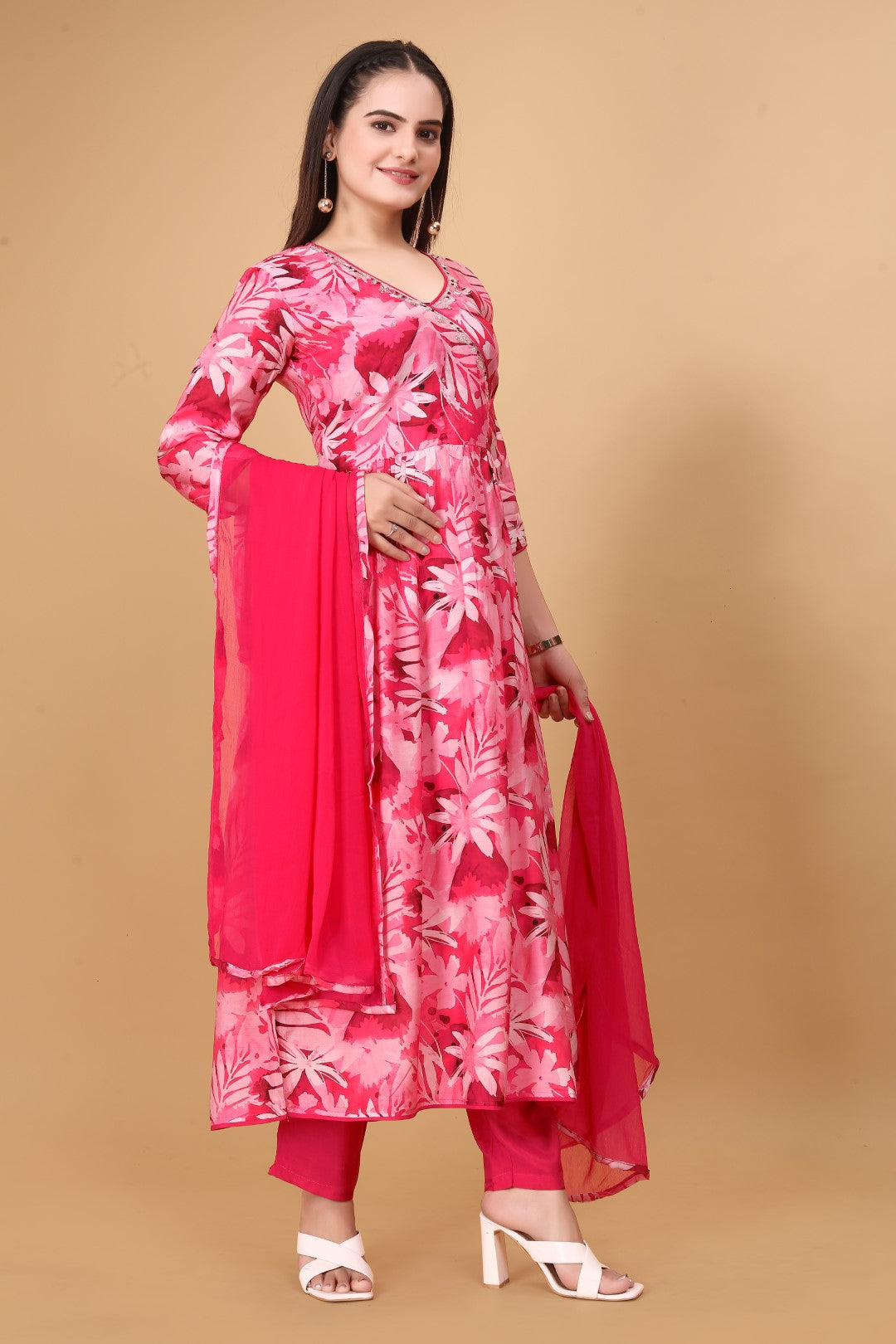 Muslin Digital Printed Angrkha Pair With Hand Work