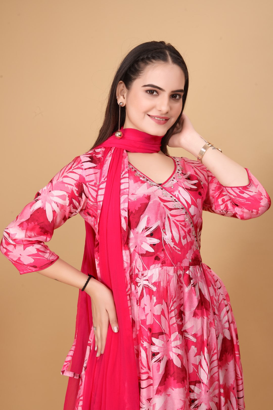 Muslin Digital Printed Angrkha Pair With Hand Work