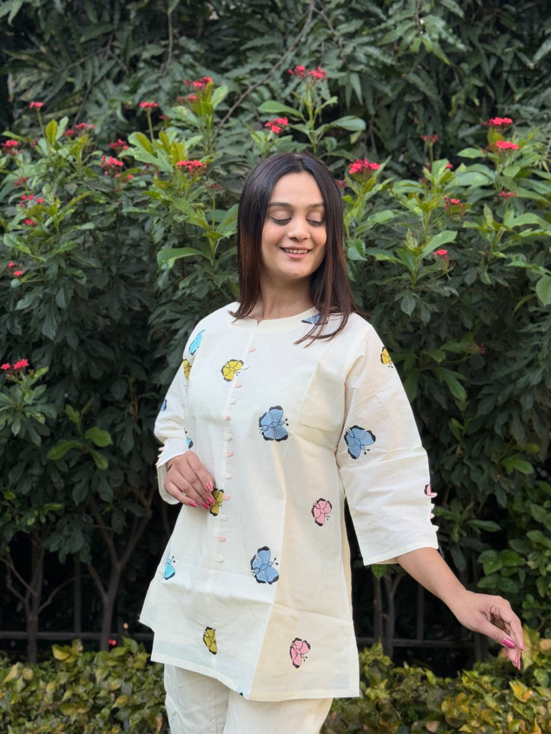 White Butterfly Tunic Daily Wear Embroidery Short Top