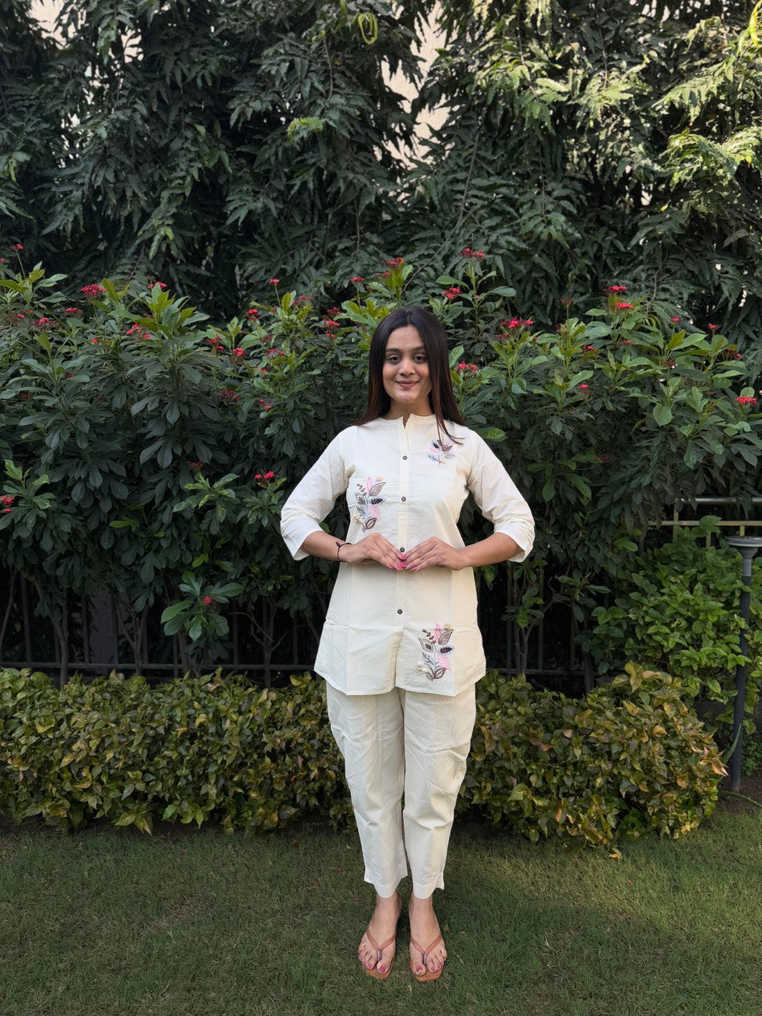 Embroidery Teen Patti Pure Cotton White Co-ord Set