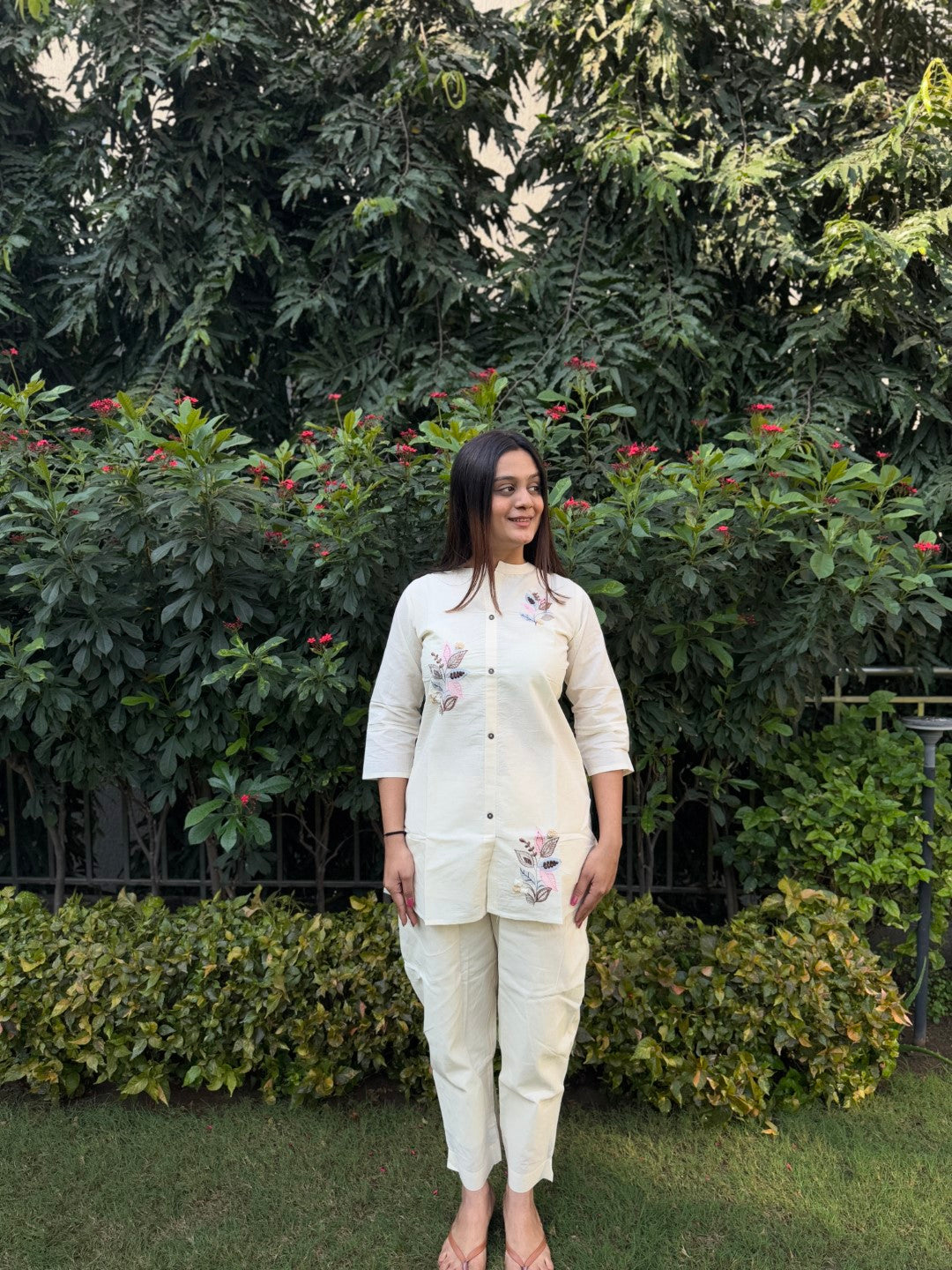 Embroidery Teen Patti Pure Cotton White Co-ord Set