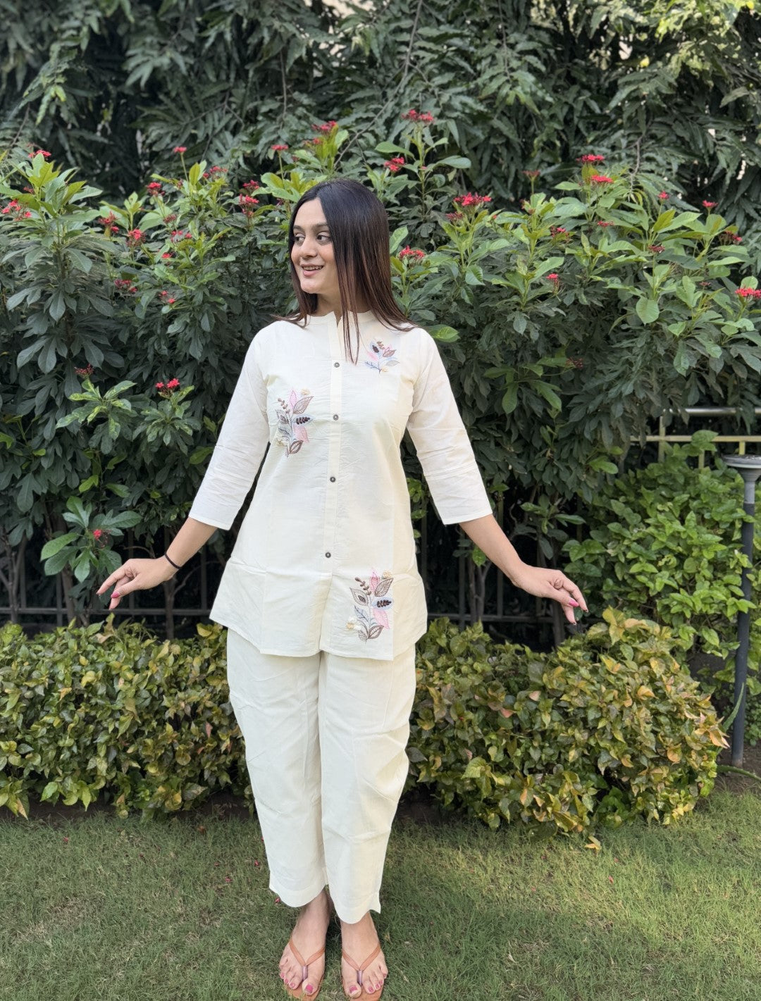 Embroidery Teen Patti Pure Cotton White Co-ord Set
