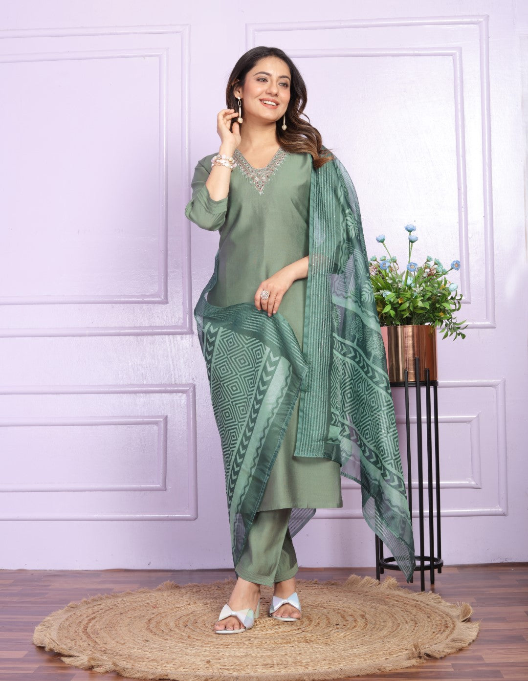 Silk V-Neck Green Straight Kurti with Pant