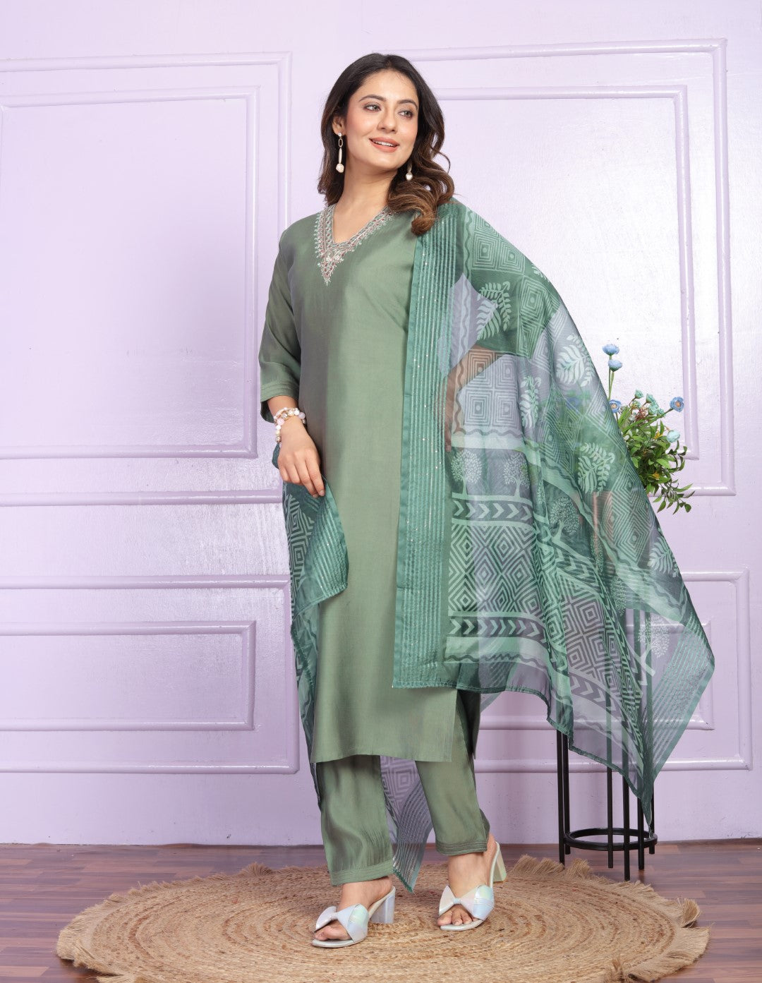 Silk V-Neck Green Straight Kurti with Pant