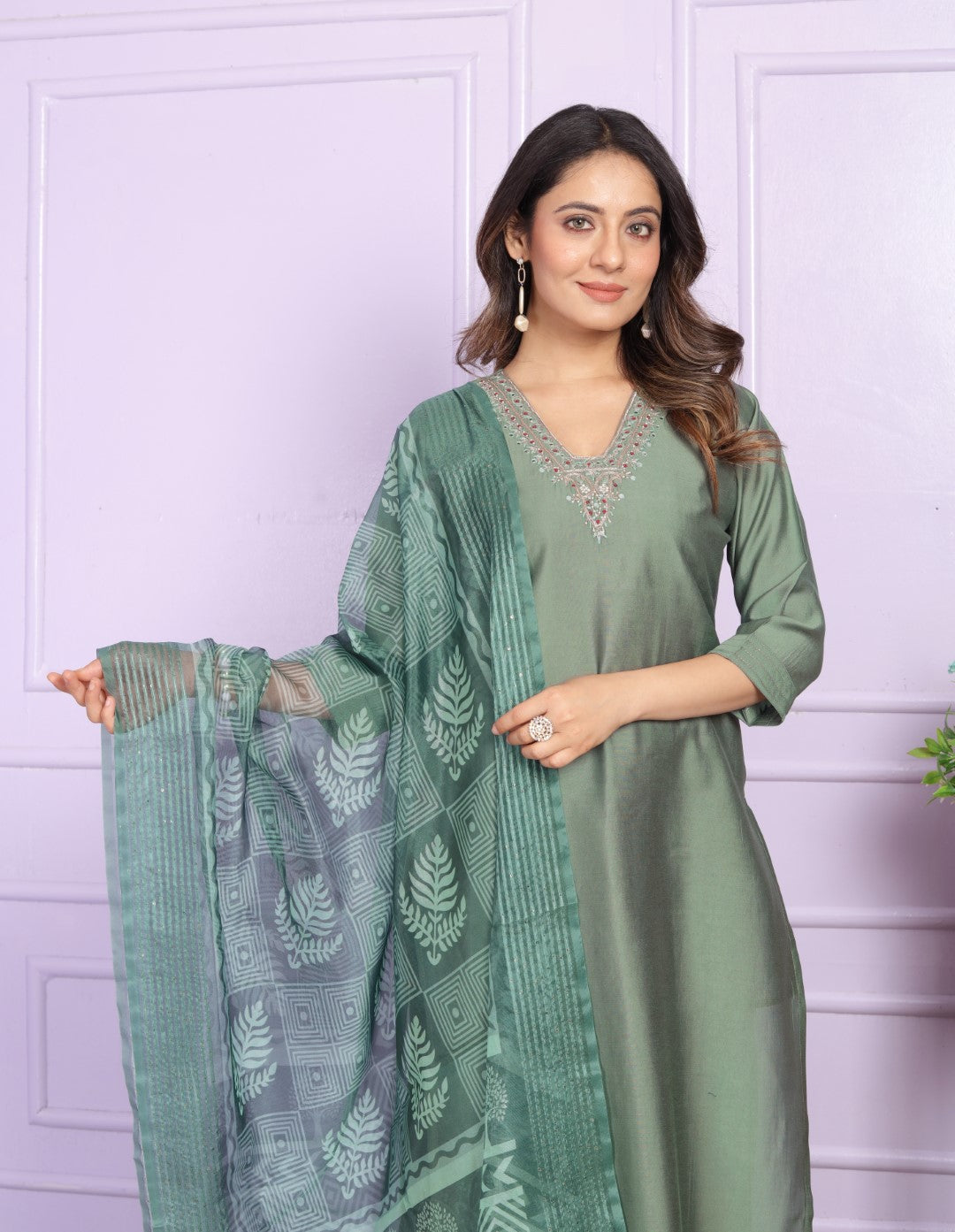 Silk V-Neck Green Straight Kurti with Pant