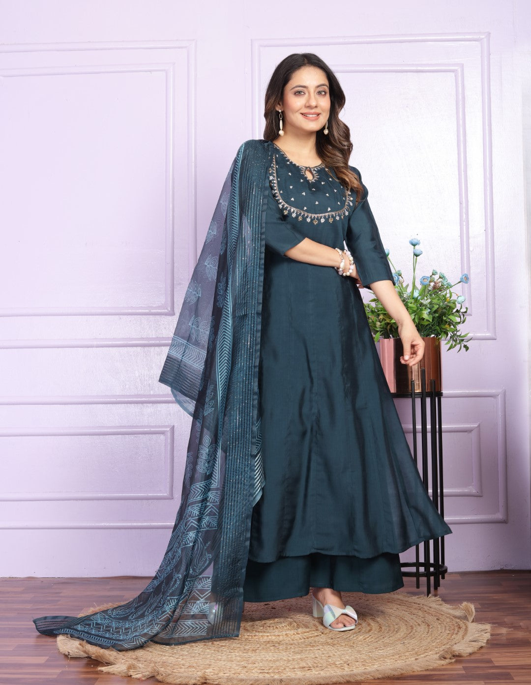 Silk Hand Work Navy Blue Kurti With Pant