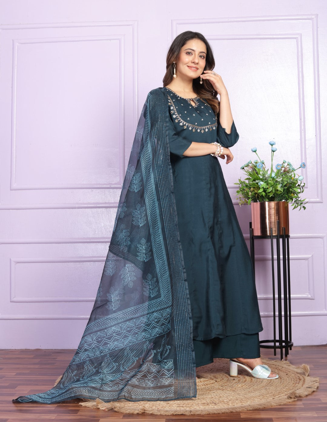 Silk Hand Work Navy Blue Kurti With Pant
