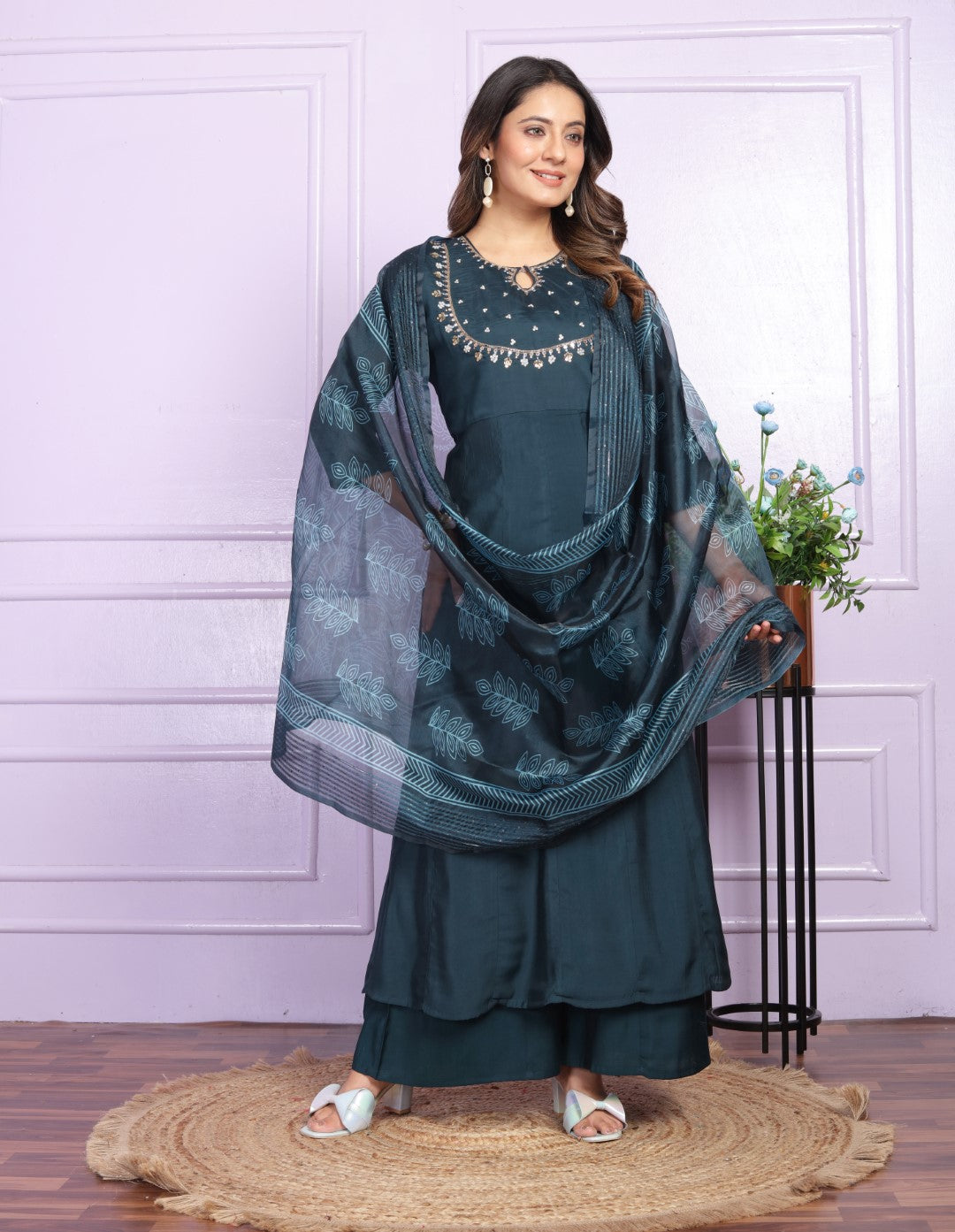 Silk Hand Work Navy Blue Kurti With Pant