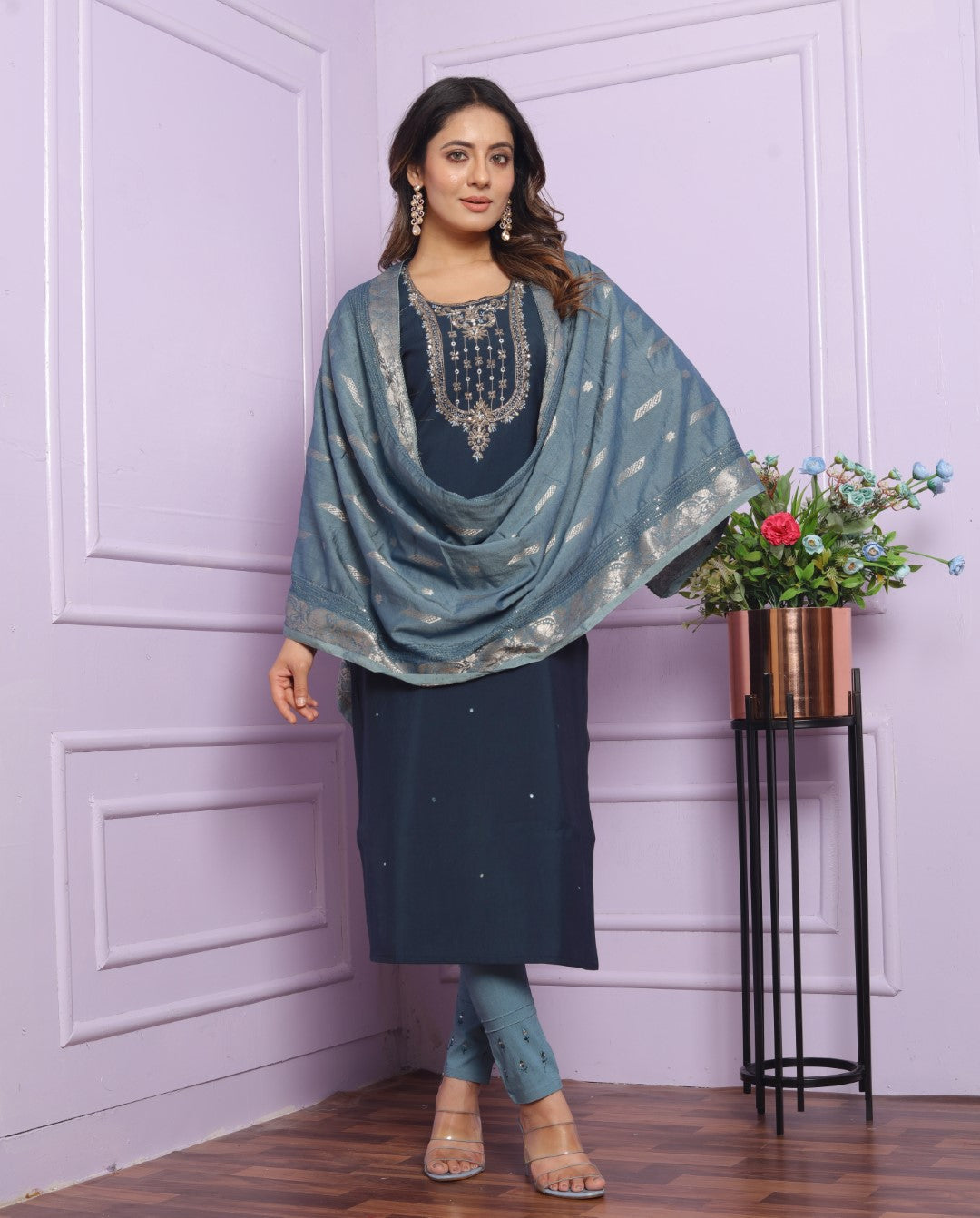 Silk Blue Round Neck Straight Kurti With Pant