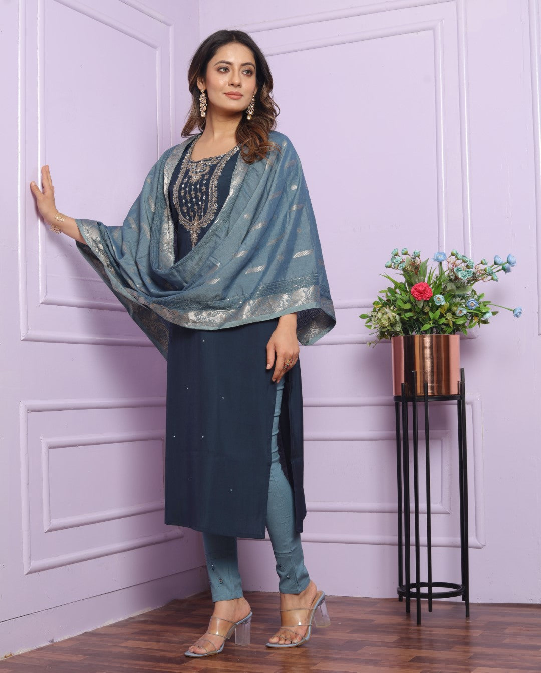 Silk Blue Round Neck Straight Kurti With Pant