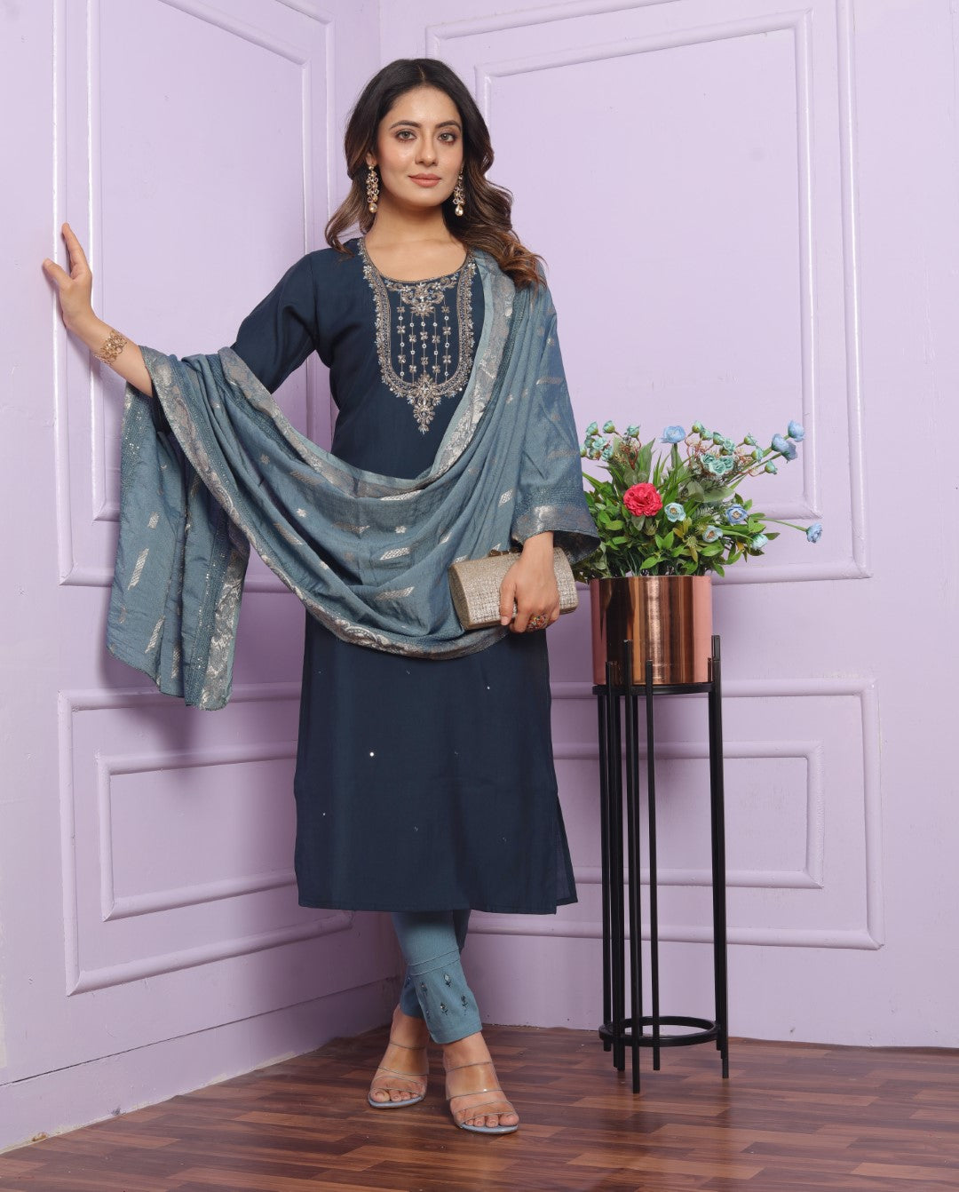 Silk Blue Round Neck Straight Kurti With Pant