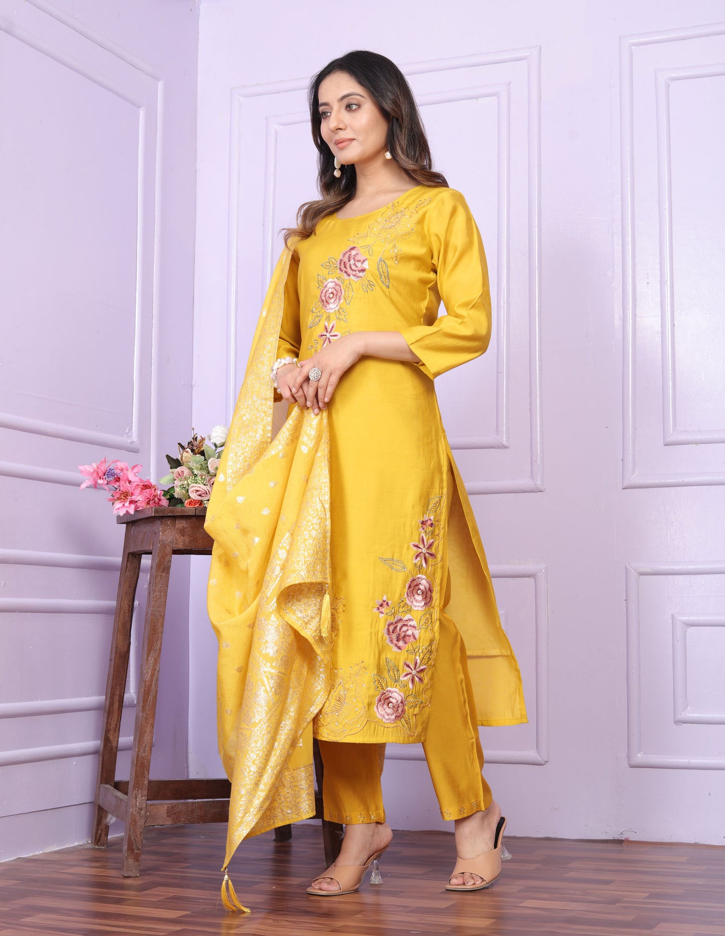 Yellow Straight Hand Work Silk Suit Set