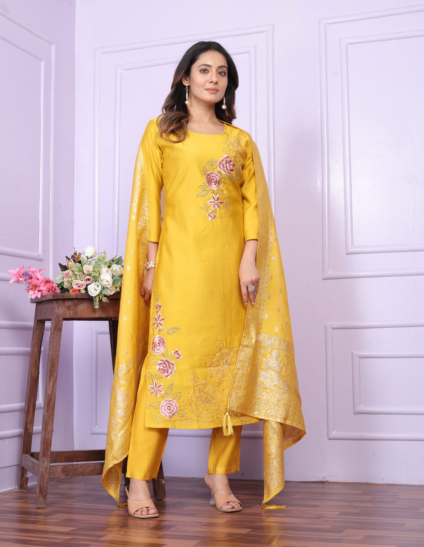 Yellow Straight Hand Work Silk Suit Set