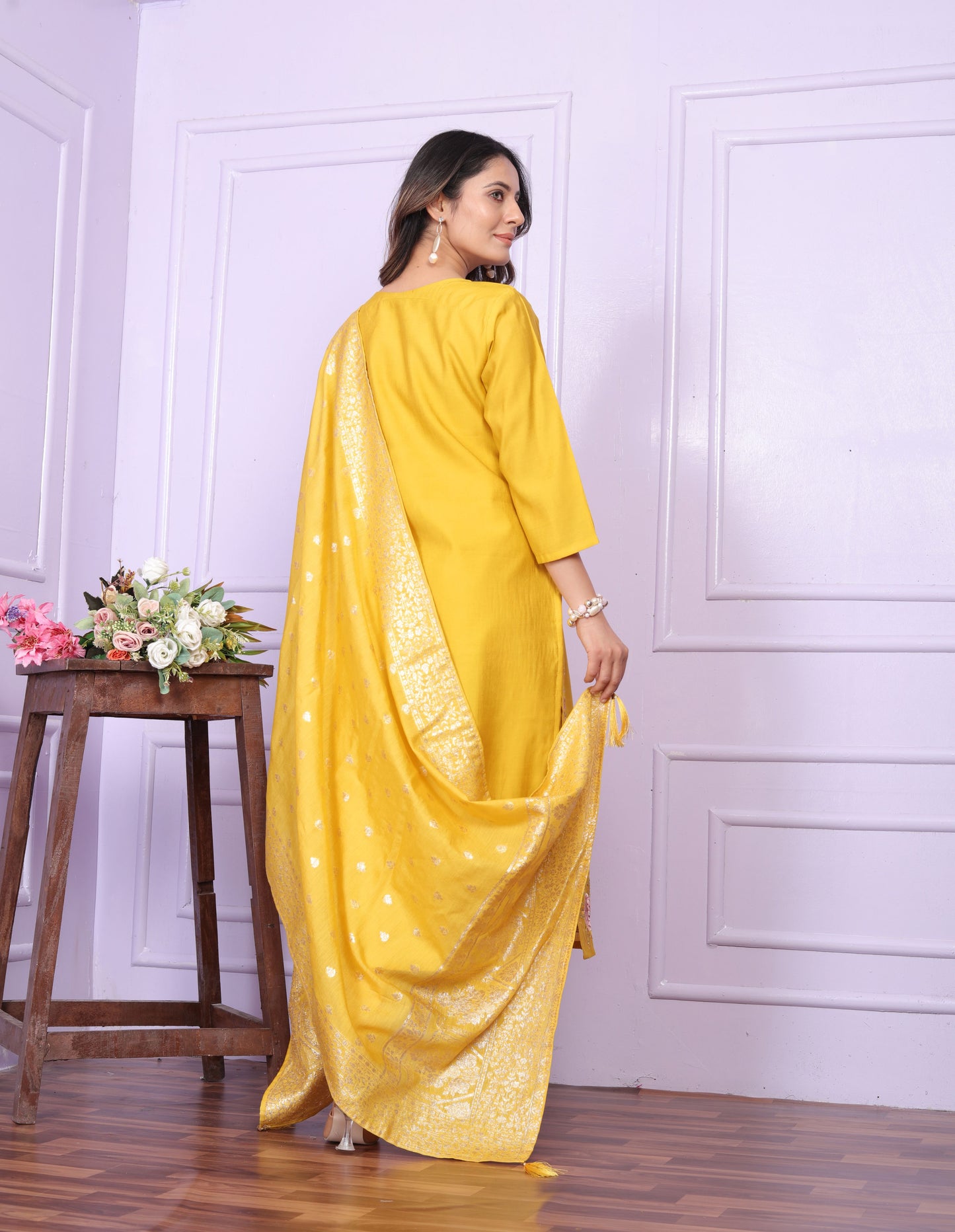 Yellow Straight Hand Work Silk Suit Set