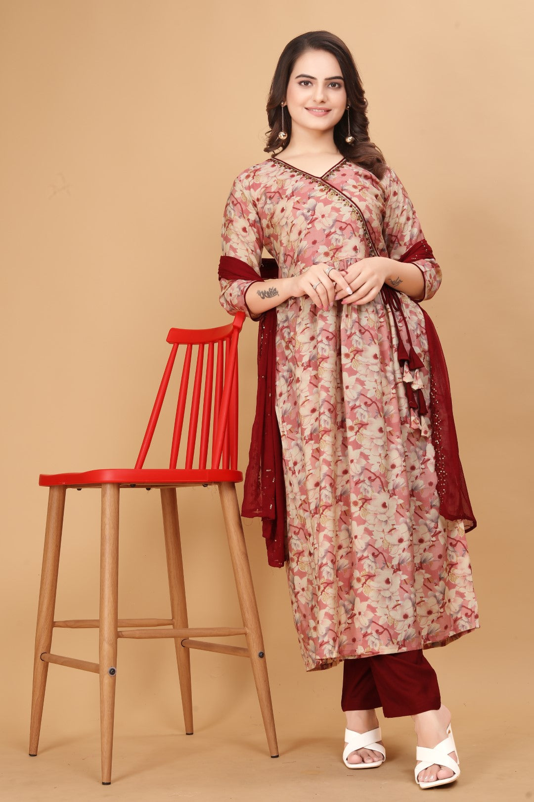 Gajari Printed Angrkha Hand Work Silk Suit