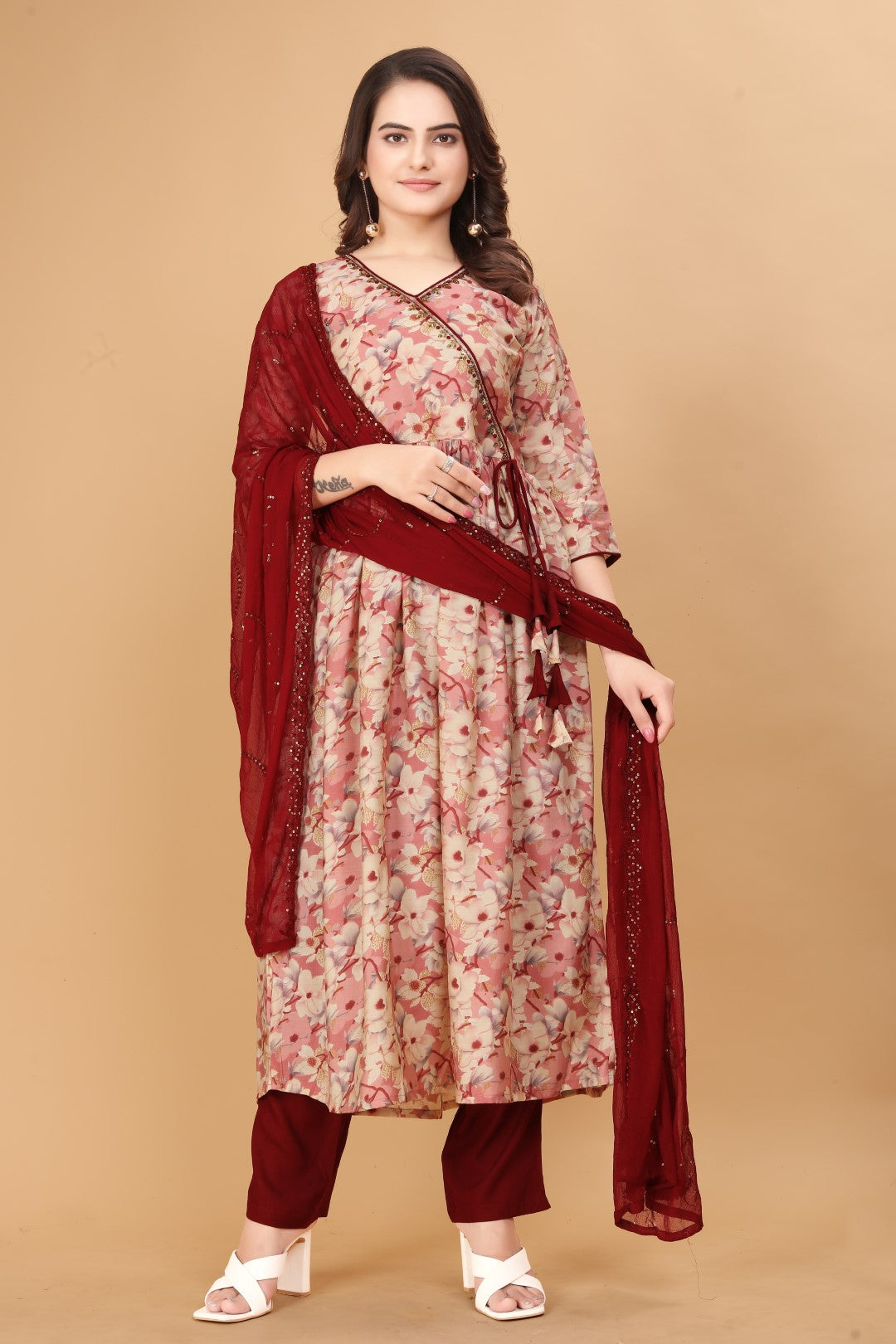 Gajari Printed Angrkha Hand Work Silk Suit