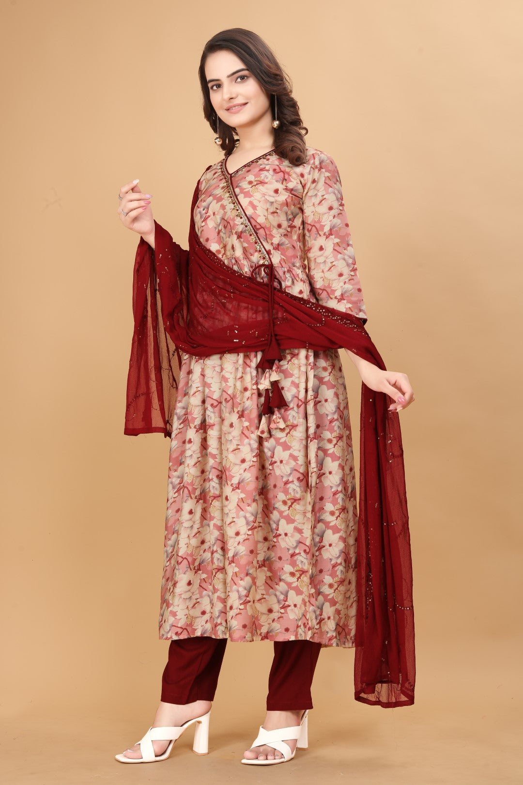 Gajari Printed Angrkha Hand Work Silk Suit