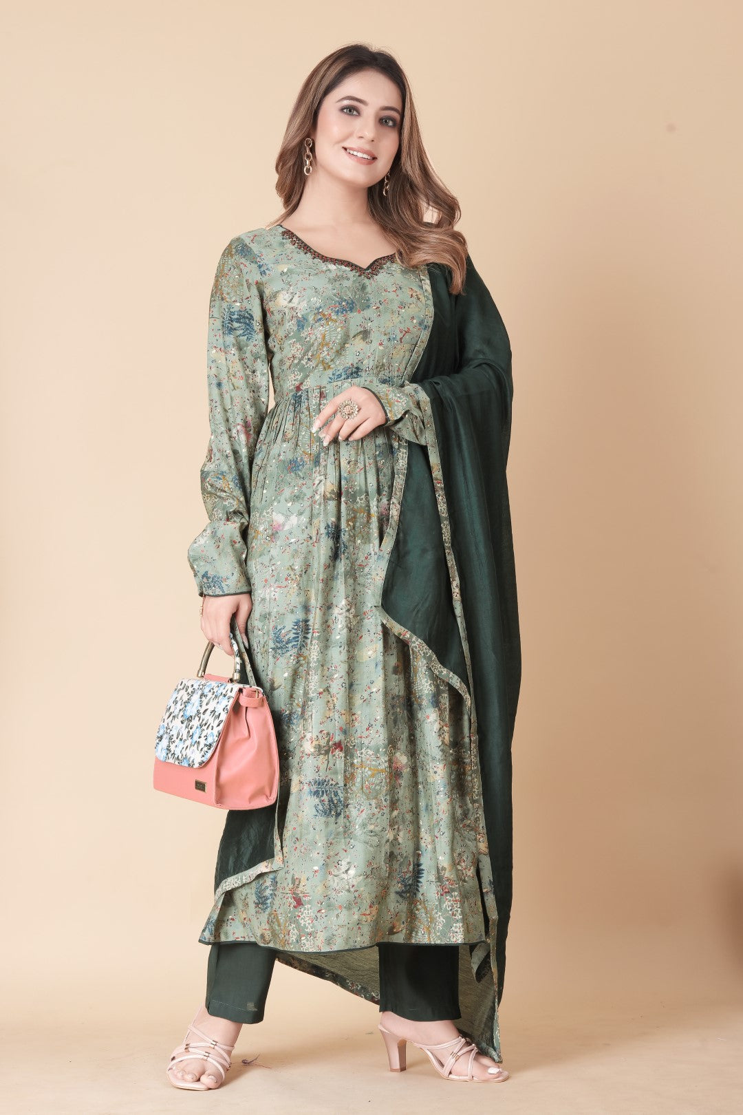 Green Printed Hand Work Silk Suit Set