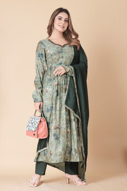 Green Printed Hand Work Silk Suit Set