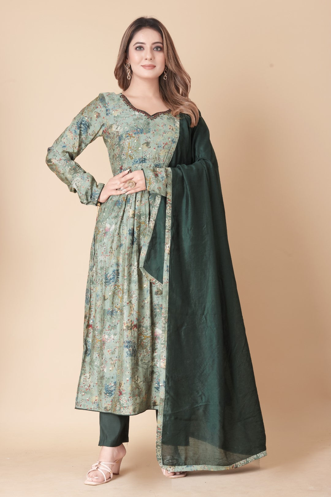 Green Printed Hand Work Silk Suit Set