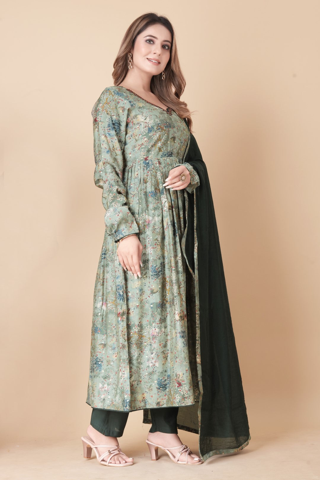 Green Printed Hand Work Silk Suit Set
