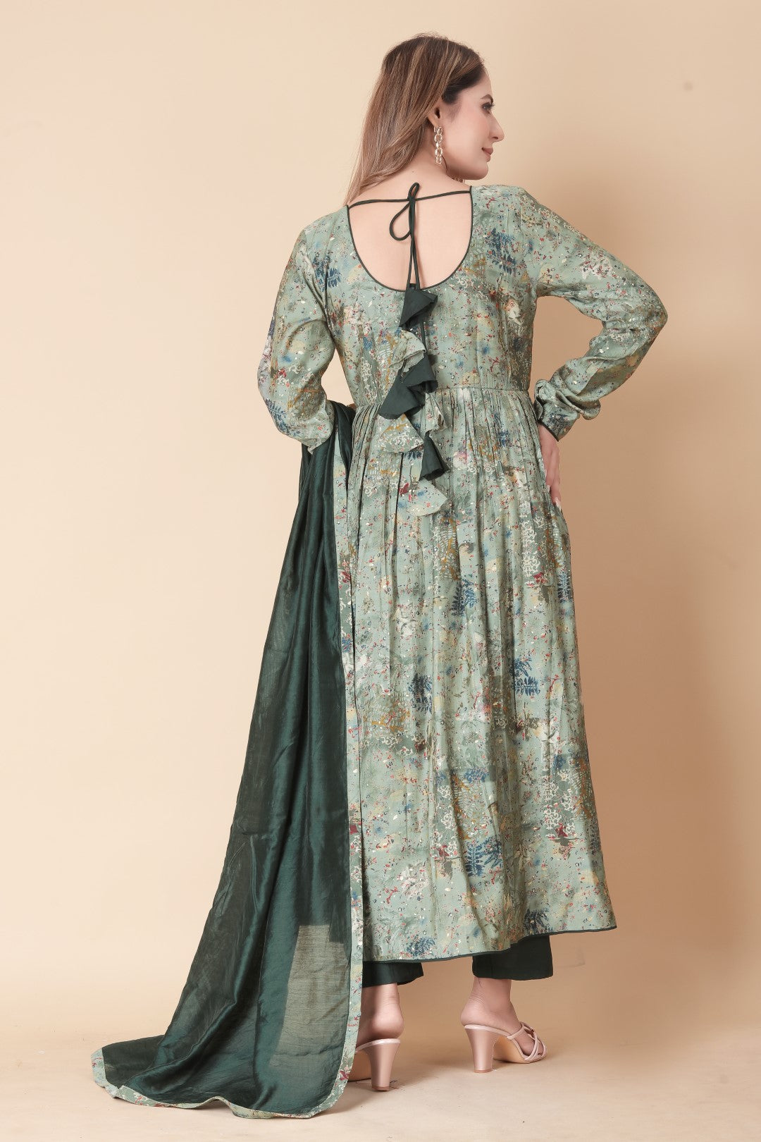 Green Printed Hand Work Silk Suit Set