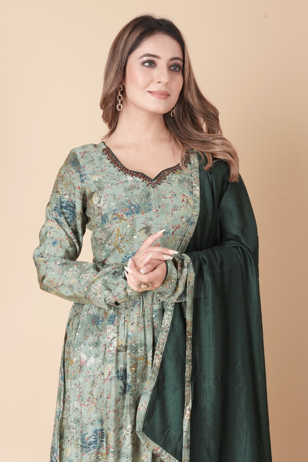 Green Printed Hand Work Silk Suit Set