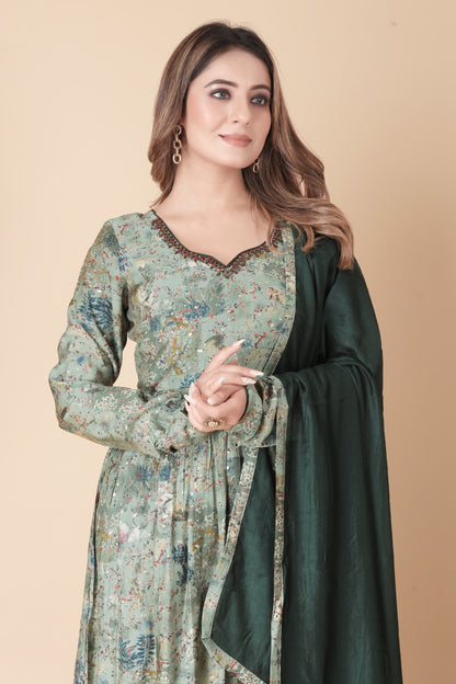 Green Printed Hand Work Silk Suit Set