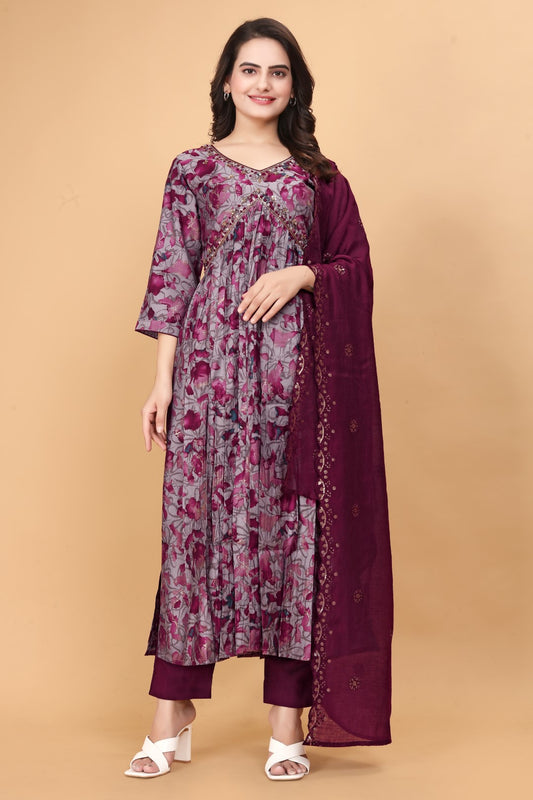 Aliya Cut Maroon Printed Hand Work Silk Suit