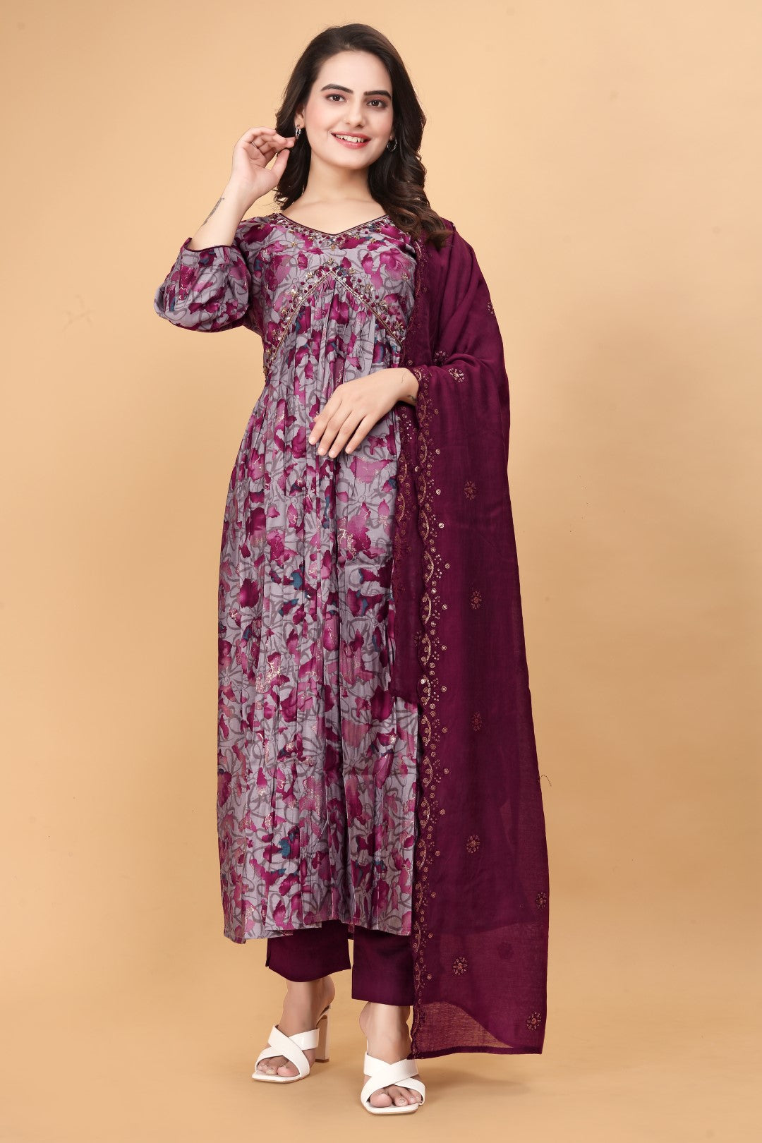 Aliya Cut Maroon Printed Hand Work Silk Suit