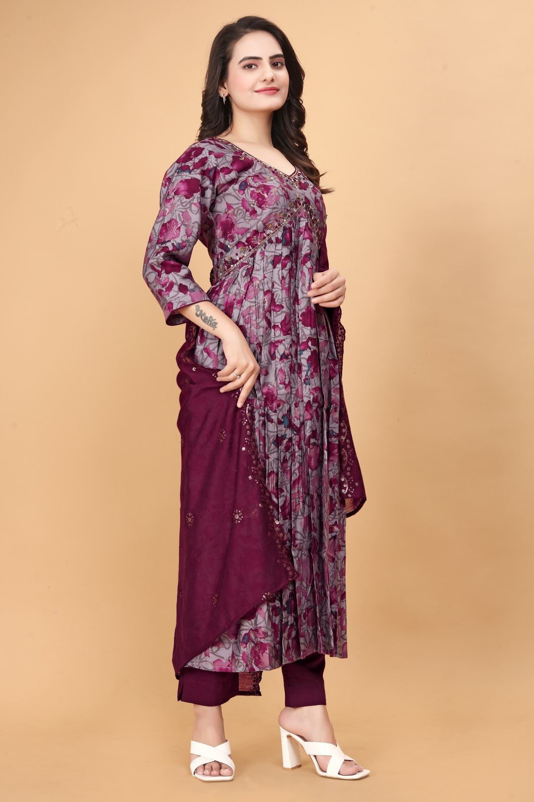 Aliya Cut Maroon Printed Hand Work Silk Suit