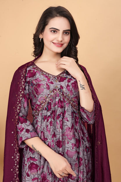 Aliya Cut Maroon Printed Hand Work Silk Suit