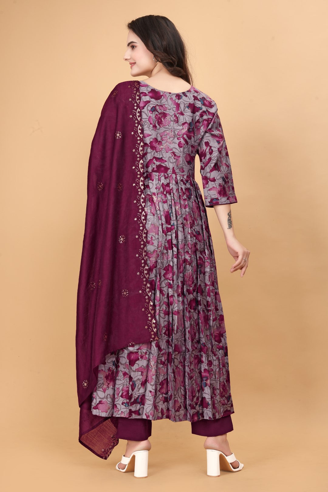 Aliya Cut Maroon Printed Hand Work Silk Suit