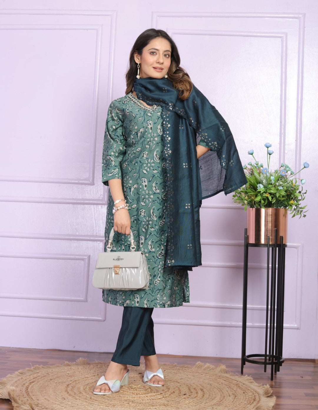 Green Printed Silk Hand Work Suit Set
