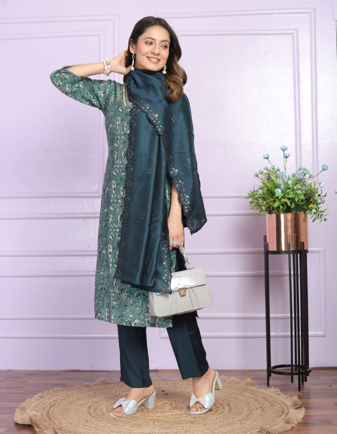 Green Printed Silk Hand Work Suit Set
