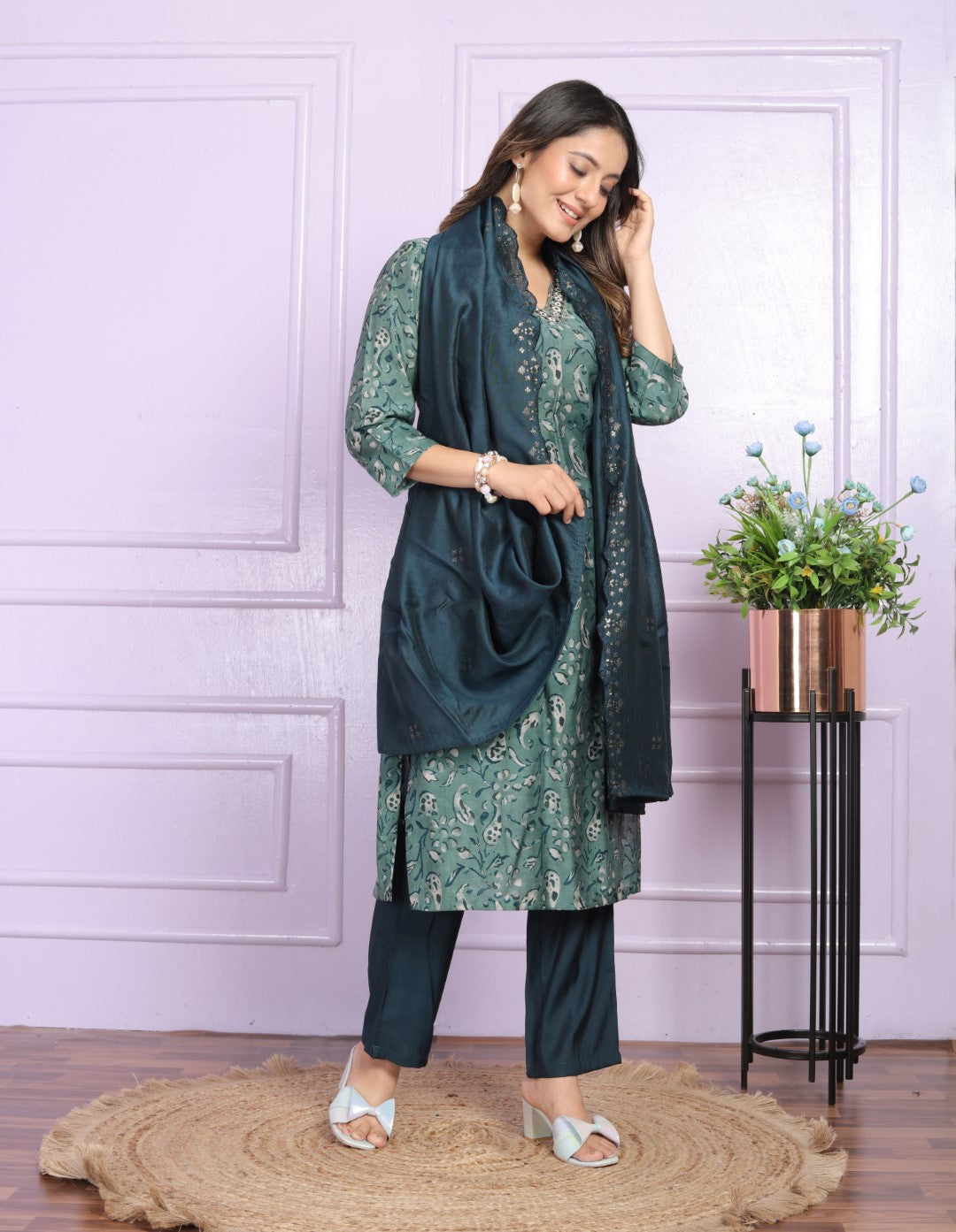 Green Printed Silk Hand Work Suit Set