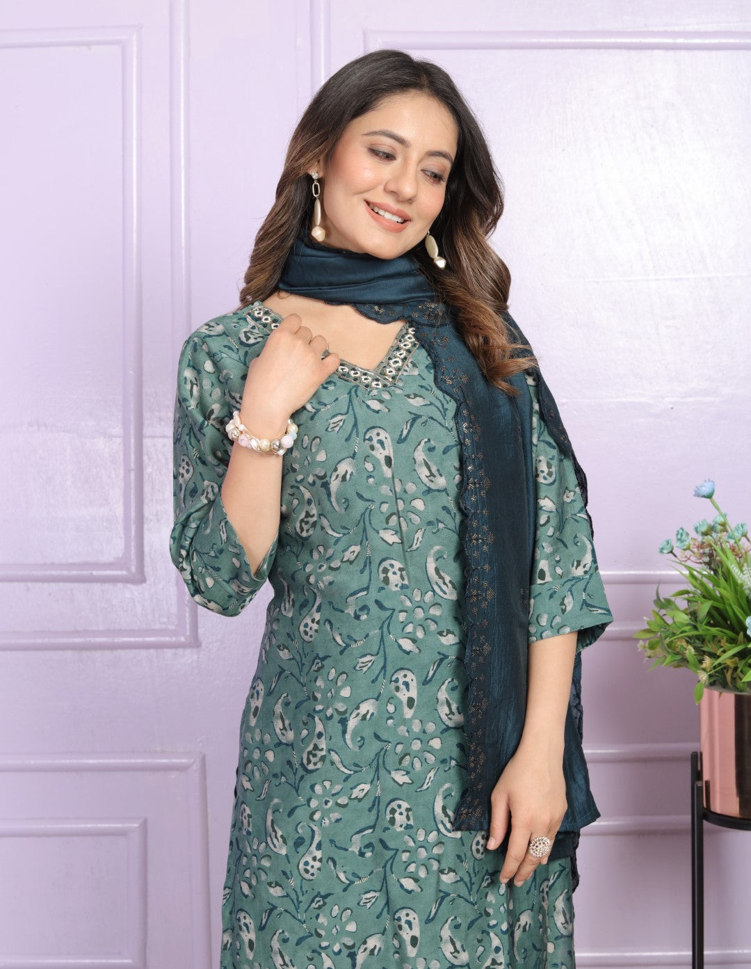 Green Printed Silk Hand Work Suit Set